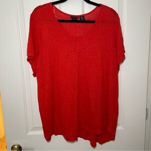 Tahari 100% Linen Womens 3X Red/Orange Coral Top A-Symmetric Stretch Knit Boho
